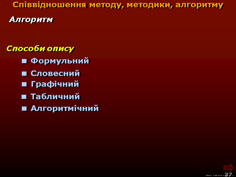 М.Кононов © 2009  E-mail: mvk@univ.kiev.ua 37  Способи опису  Формульний  Алгоритм